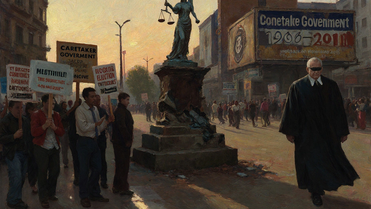 A judge walking away from a cracked statue of Lady Justice as citizens protest for fair elections.