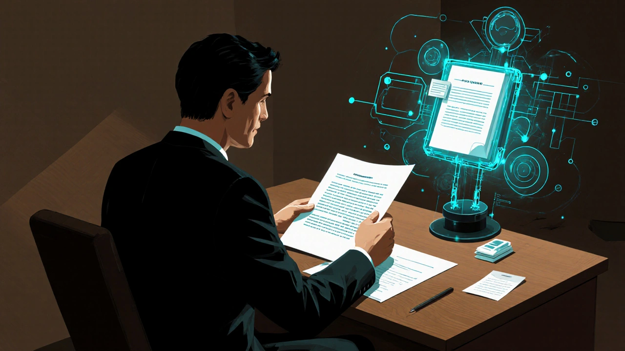 A lawyer reviewing a contract while an AI agent analyzes clauses and generates summaries in real time.