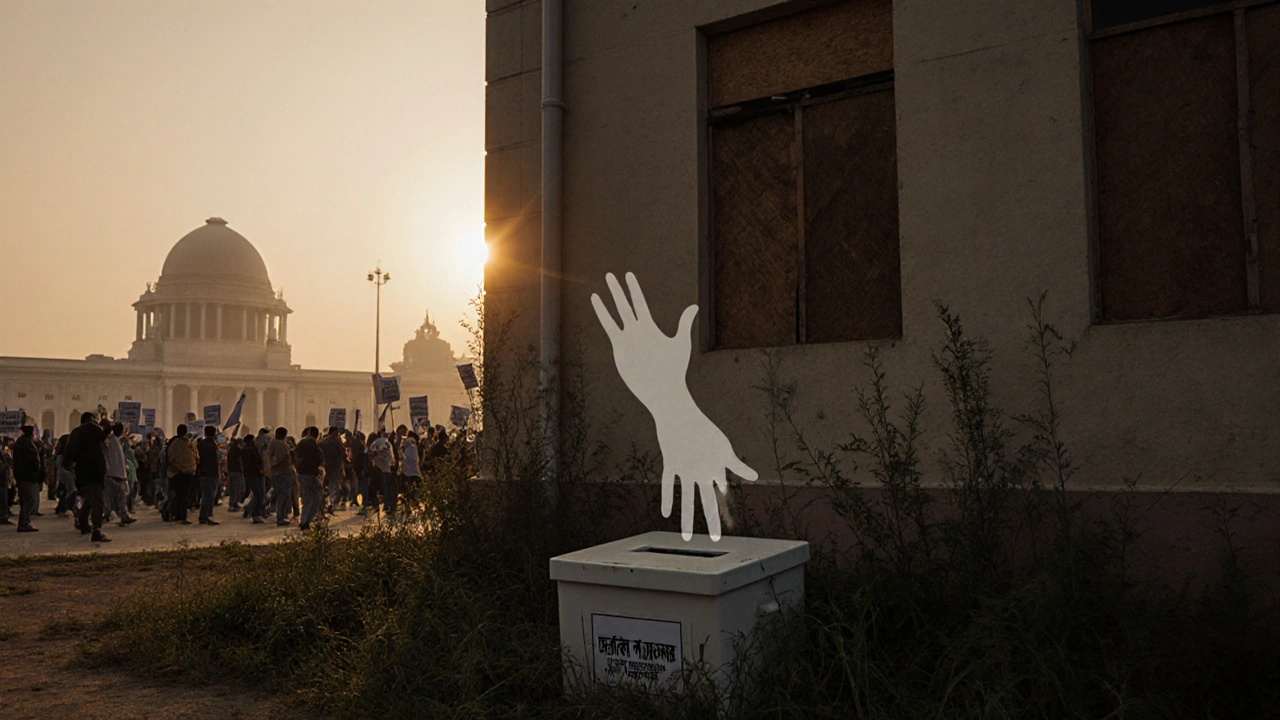 An abandoned Election Commission building with a buried ballot box, surrounded by protest and institutional decay.