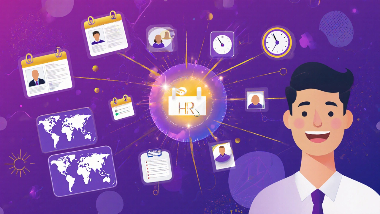 An HR manager surrounded by automated scheduling and candidate data streams, symbolizing AI-enhanced workforce management.