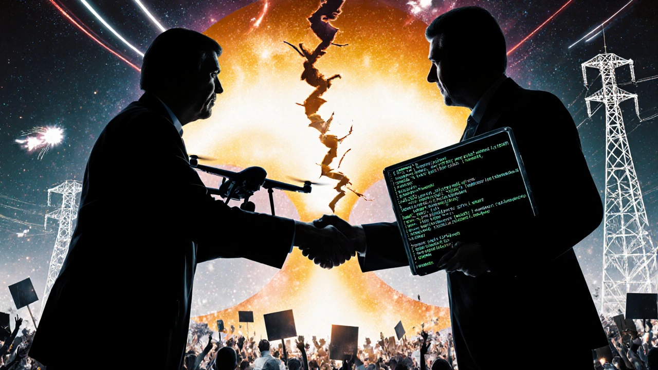 Broken handshake symbolizing fractured nuclear deterrence, with drone and cyber elements behind a cracking warhead.