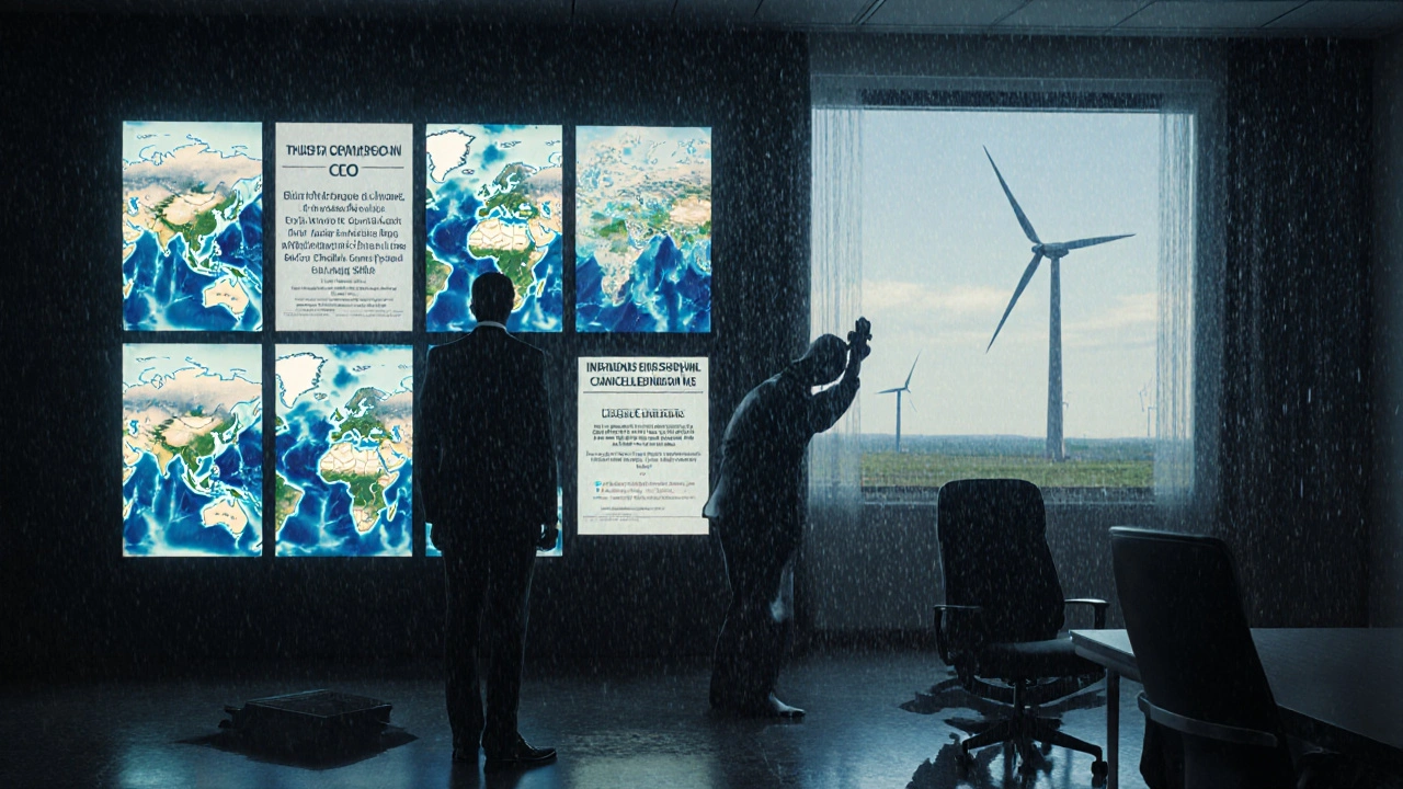 CEO surrounded by digital warnings of lawsuits and insurance cancellations, while a shadowy figure represents legacy emissions pulling the plug on business continuity.