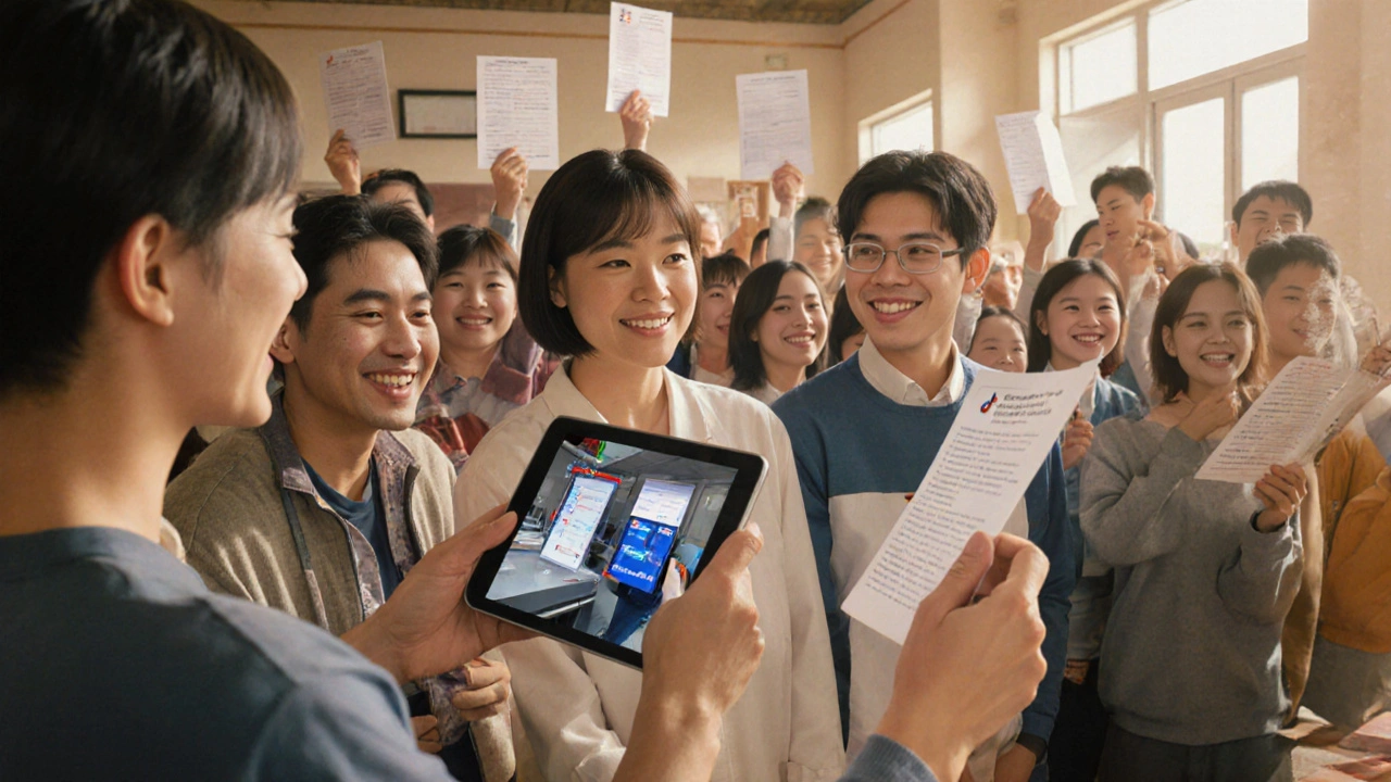 Citizens in South Korea watching an educational video about how ballots are scanned.