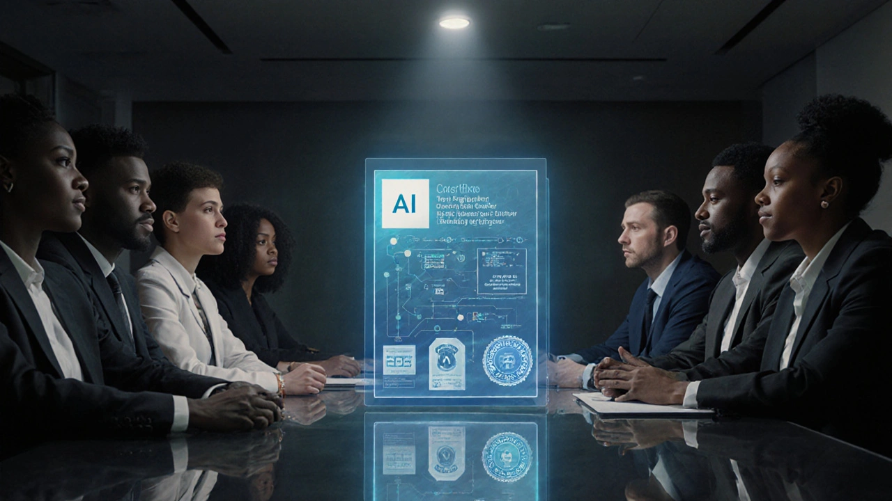 Diverse team reviewing an AI model card with certification details on a hologram.