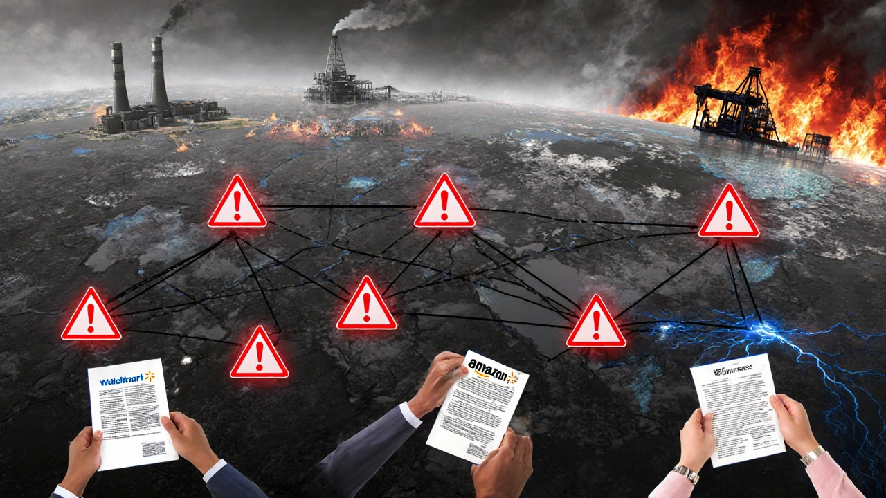 Supply chain network linking fossil fuel industries to major corporations, with climate impacts like wildfires and rising seas in the background.