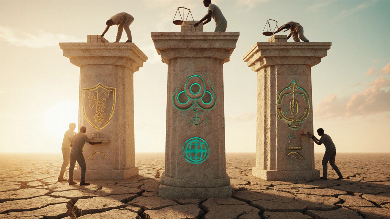 Three symbolic pillars of AI governance built by hands from around the world.