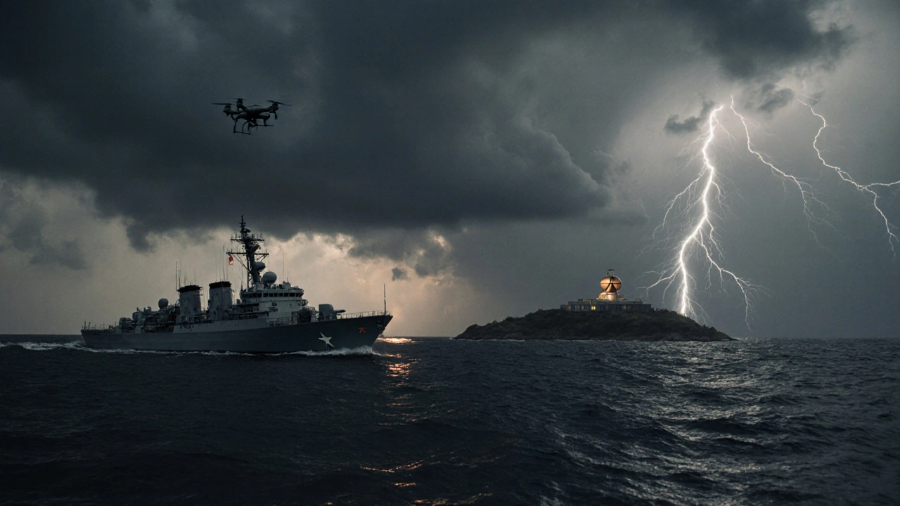 U.S. and Chinese ships nearly colliding at sea under stormy skies, with a drone hovering near a nuclear facility.