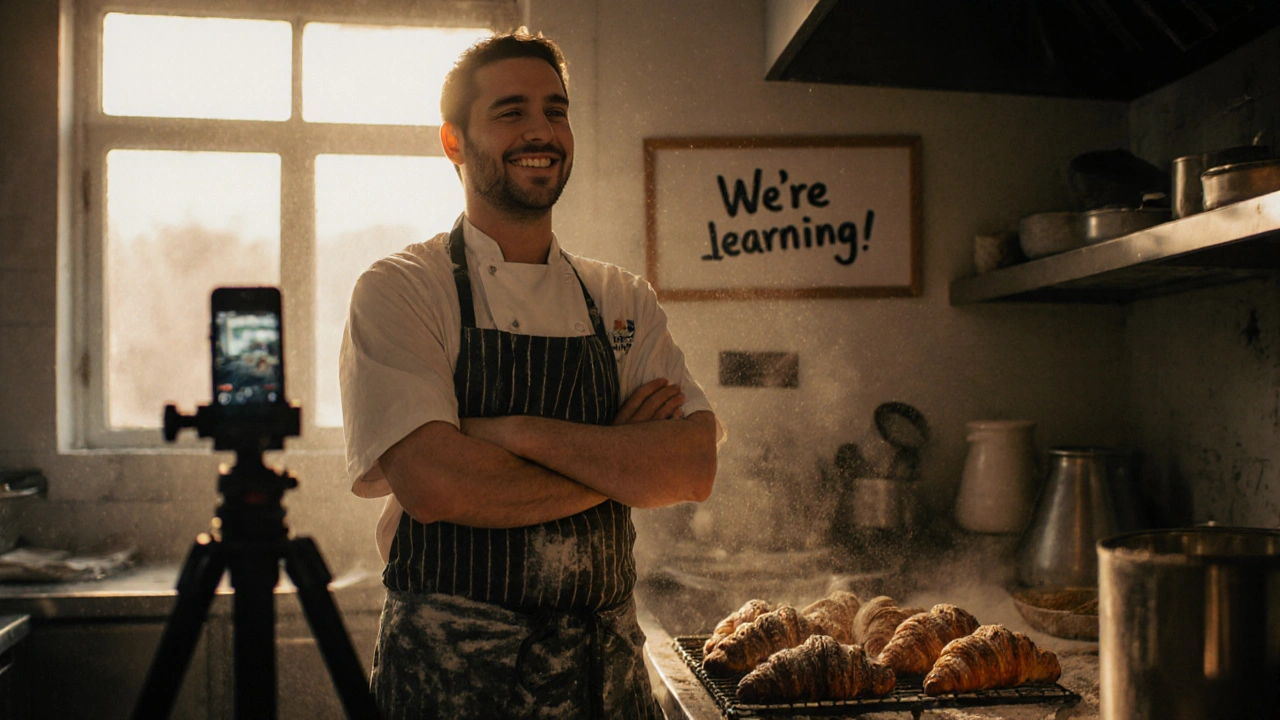 A baker in a flour-dusted kitchen facing a burnt batch of croissants, recording a raw, unedited video.