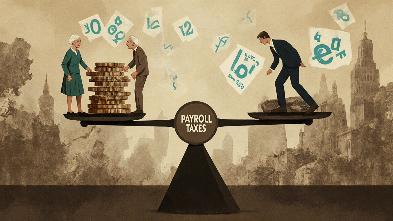 A balance scale with retirees on one side and a single worker struggling on the other, representing rising dependency ratios.