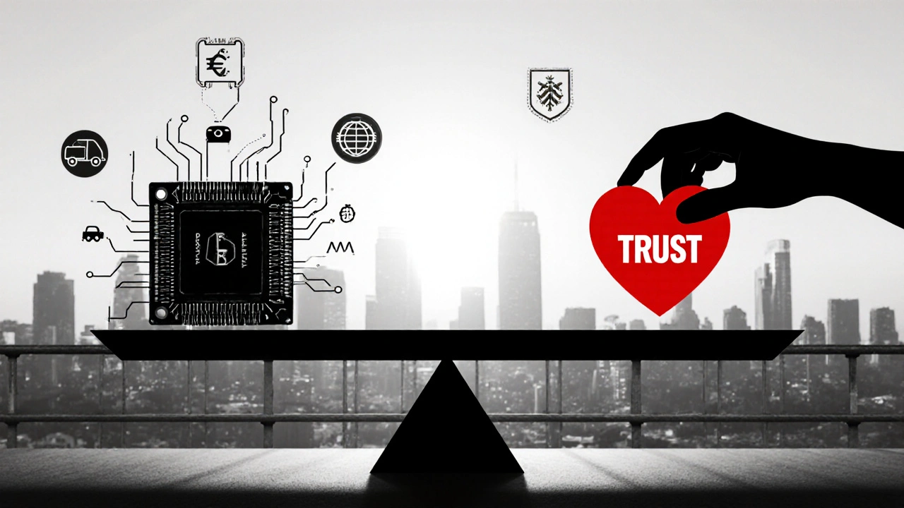 A balanced scale representing AI technology and human trust, with a city skyline in the background.