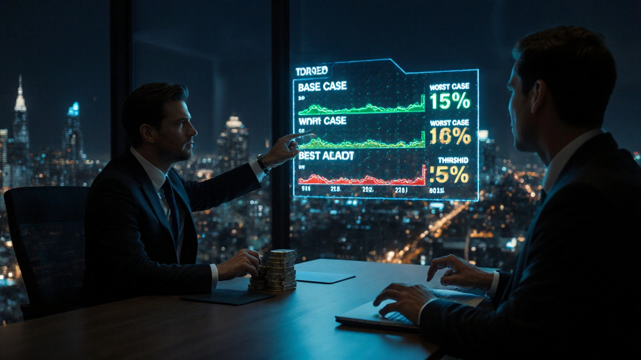 A boardroom with a digital dashboard showing three financial scenarios under dim night lighting.