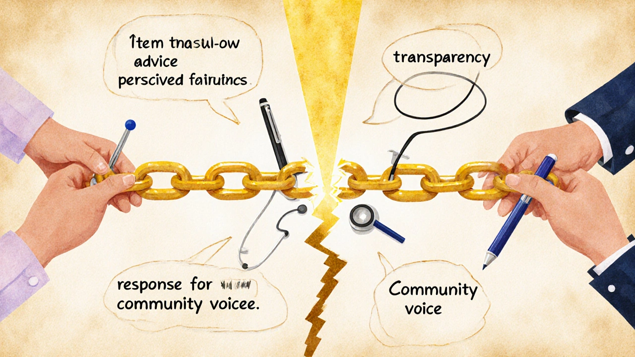 A broken chain of trust metrics being repaired by hands, symbolizing rebuilding confidence in health systems.