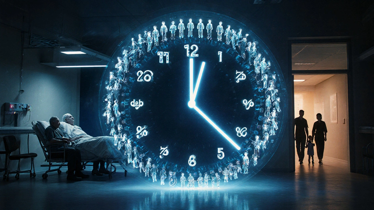 A clock made of human figures with robots caring for the elderly, symbolizing aging societies and technological responses.