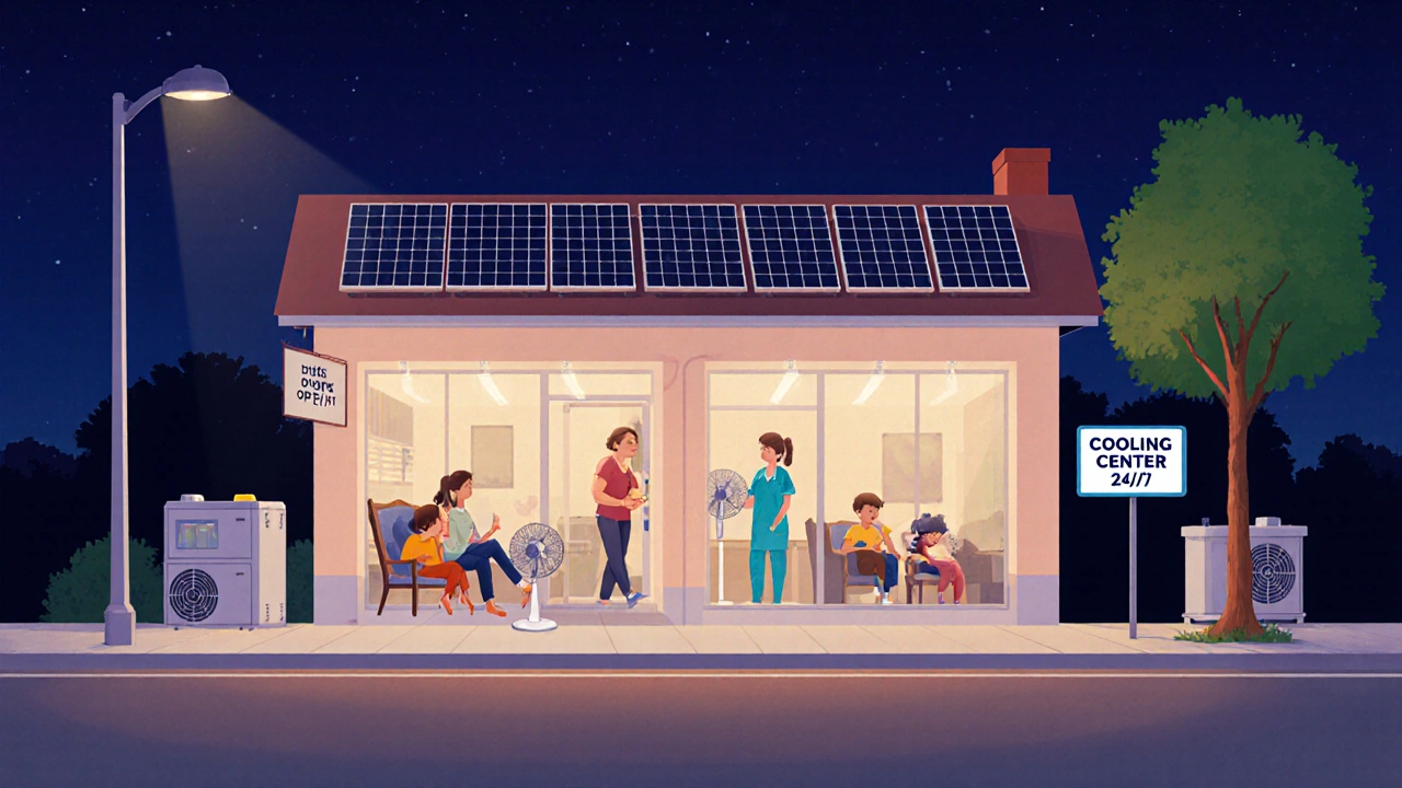 A community center open at night during a heatwave, with people resting inside under fans and solar panels on the roof.