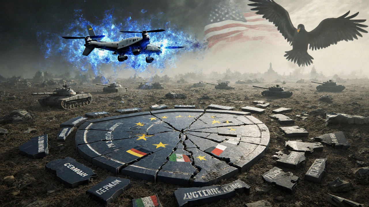 A cracked shield divided into EU nations, with mismatched weapons on the ground and a unified drone formation flying above.