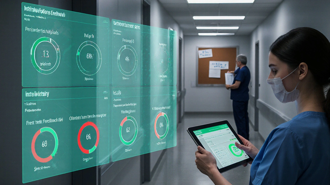 A digital dashboard displays real-time trust scores in a clinic hallway, with one score dropping below 6.
