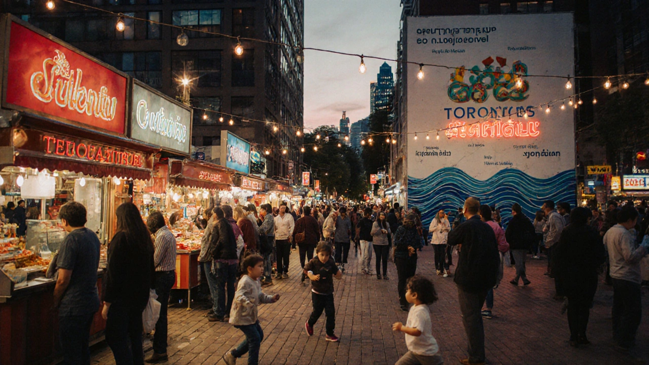 A diverse city square in Toronto at dusk, with people from many cultures sharing food and space.