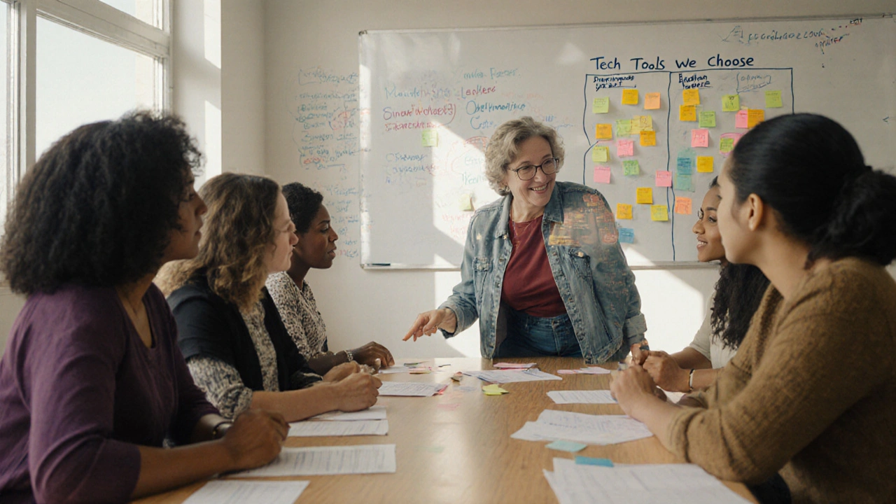 A diverse group of teachers collaboratively designing curriculum with input and autonomy.