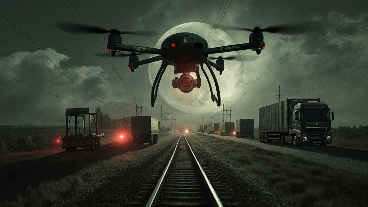A drone patrols a rural Polish rail line at night, monitoring a suspicious vehicle near a fuel depot.