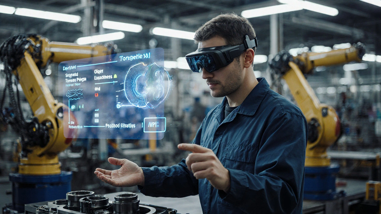 A factory worker using AR glasses to monitor and override AI instructions on an assembly line.