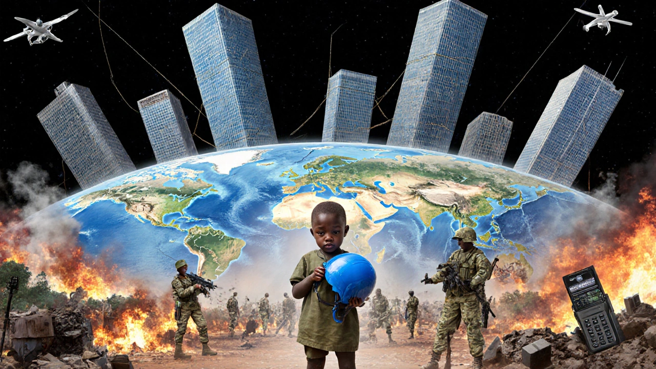 A fractured globe with fragile peacekeeping mandates connecting to New York, while war zones below lack modern tools and are filled with barefoot soldiers.