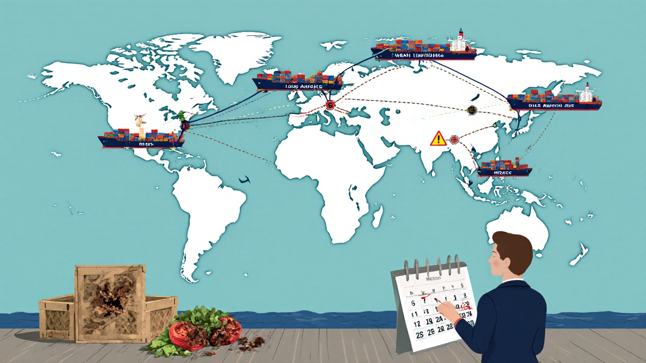 A fragmented network of ports with broken connections and damaged goods, symbolizing global supply chain disruptions.