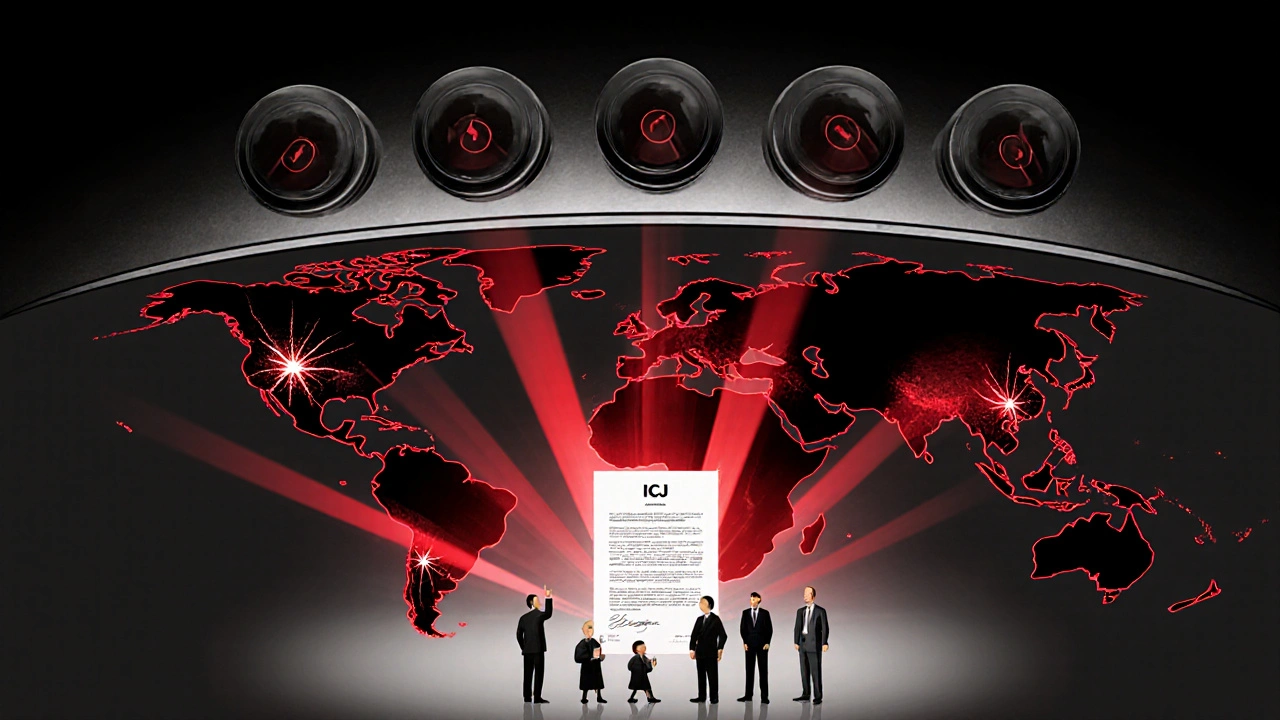 A global map with fading legal gavels over conflict zones, veto buttons glowing red above the UN Security Council, activists gathered around a legal document.