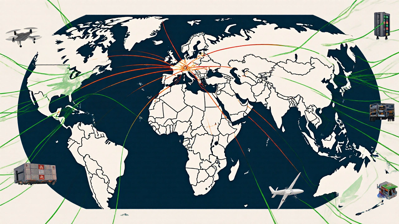 A global network of chip supply chains with broken international links and new resilient domestic connections to critical infrastructure.