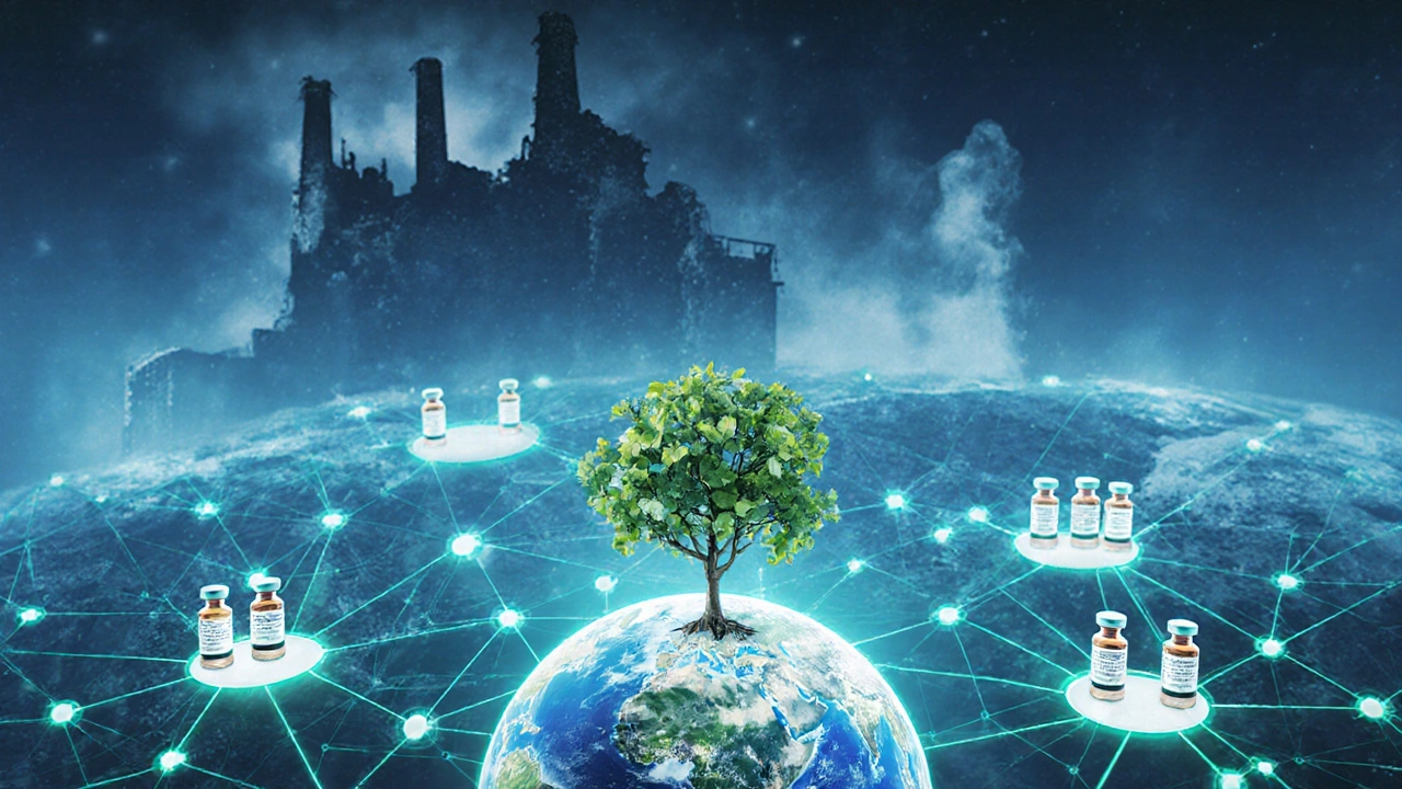 A glowing network of vaccine hubs connected across continents, with a fading old factory in the background and a tree of vials growing from the Earth.