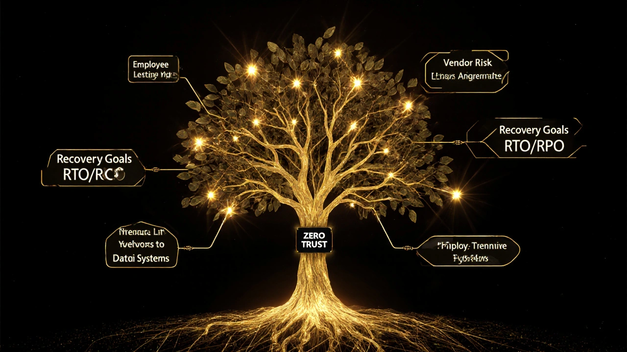 A glowing resilience roadmap tree with roots in Zero Trust and branches for recovery and vendor risk.