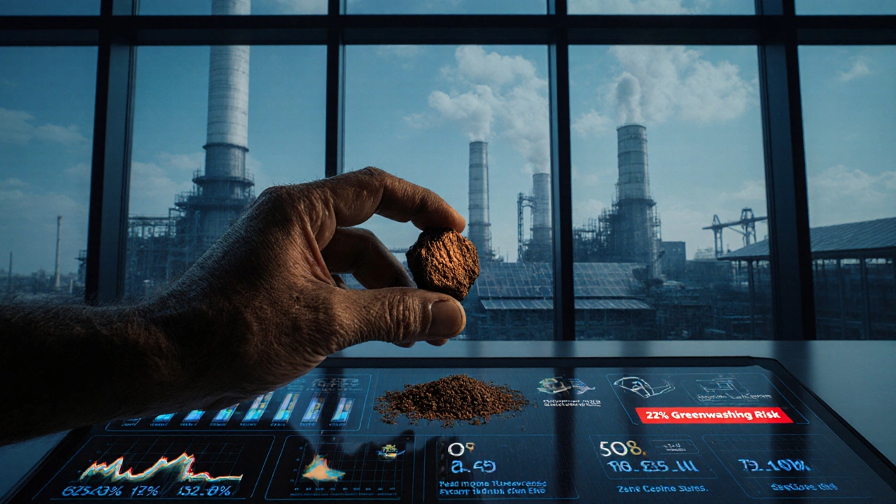 A hand places coal on a digital ESG dashboard showing climate metrics, with a modern carbon-capture plant visible in the background.