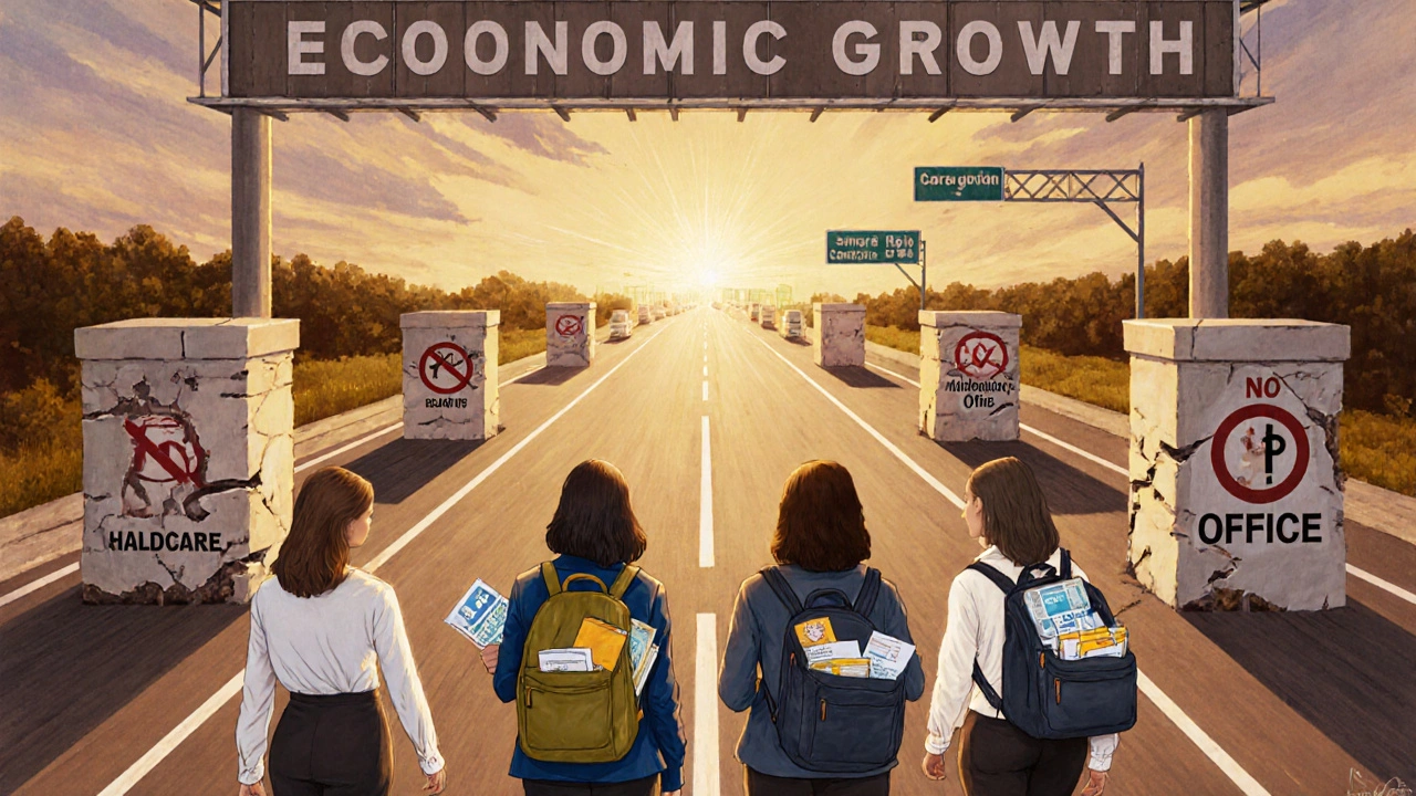 A highway to economic growth blocked by lack of care support, while a better path shines nearby.