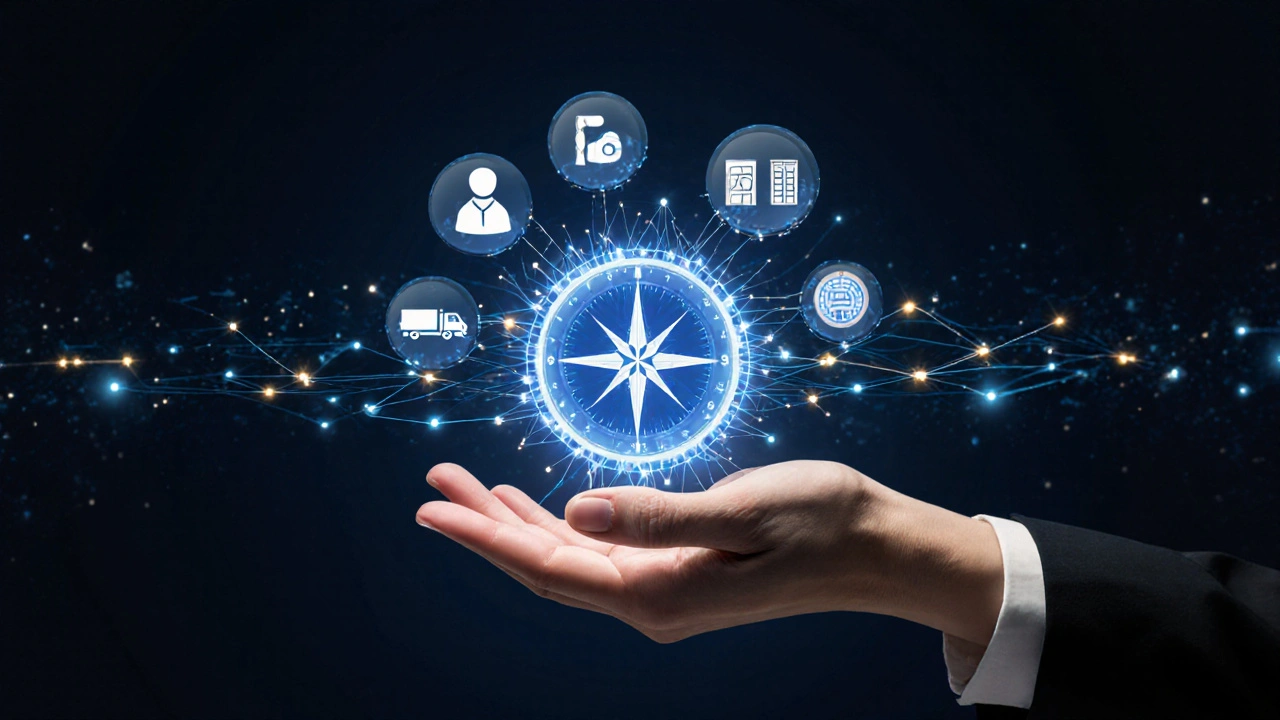 A human hand guiding an AI compass with icons of different job roles around it