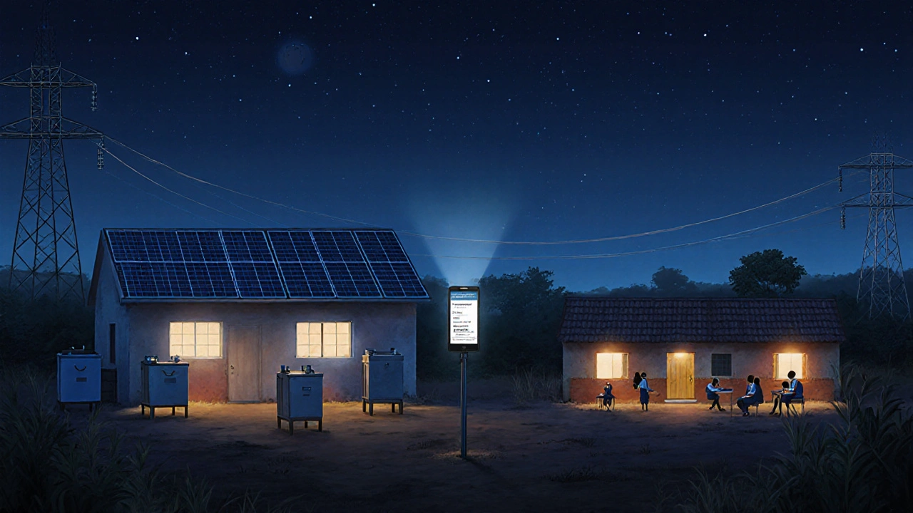 A Kenyan microgrid lights up a clinic, school, and homes at night, powered by solar energy.
