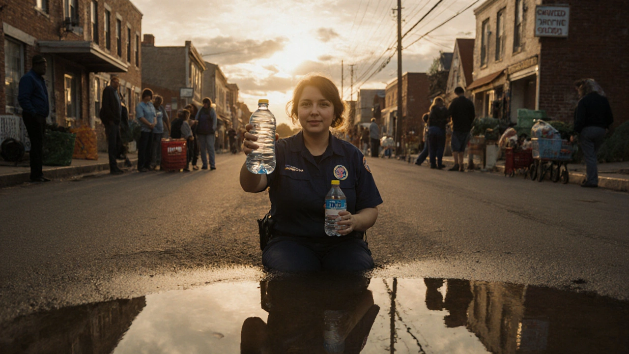 A local EMT holds up bottled water on a quiet street, neighbors gathered nearby as dawn breaks.