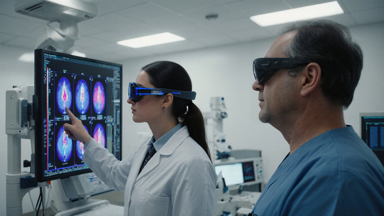 A medical professional using smart glasses to analyze an AI-enhanced CT scan alongside a radiologist.