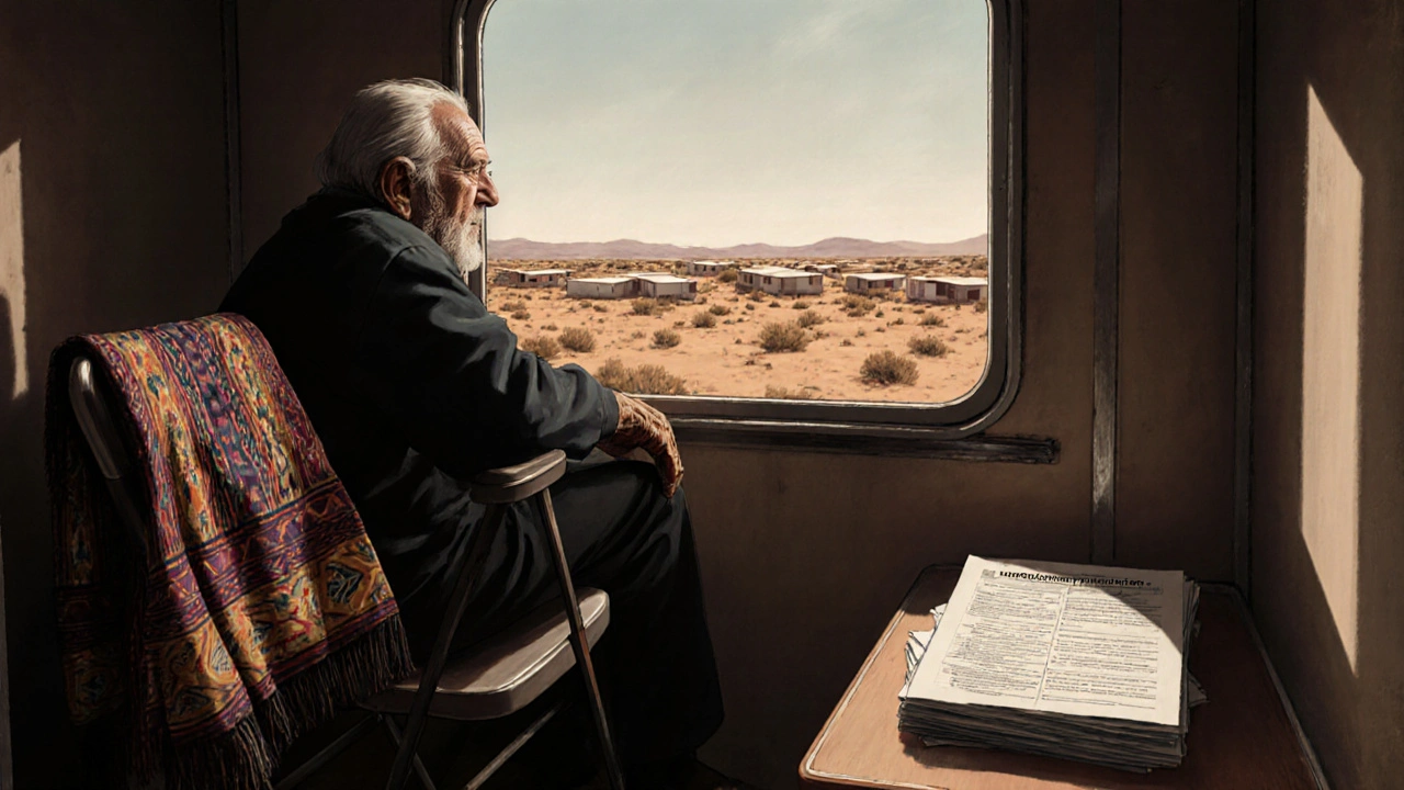 A Navajo elder sits in a trailer park, looking at a barren landscape where their farmland once was.