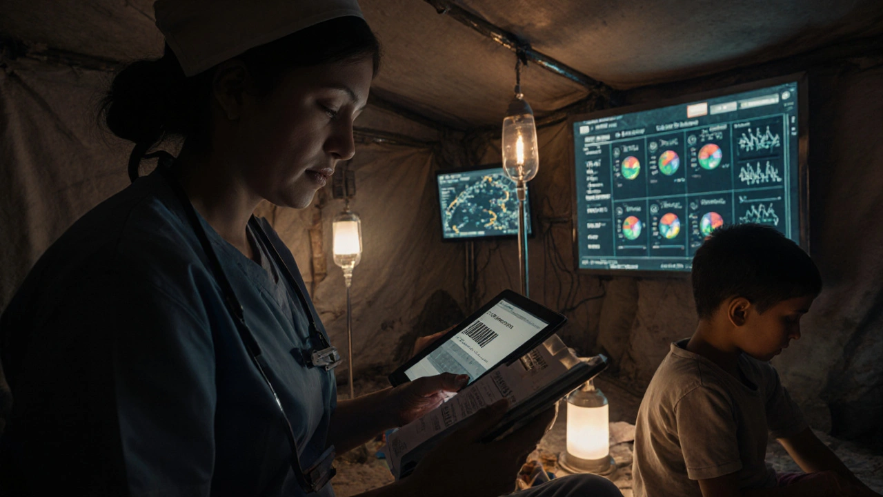 A nurse scans medical supplies with a tablet in a dim tent, while a digital dashboard shows real-time aid tracking data.