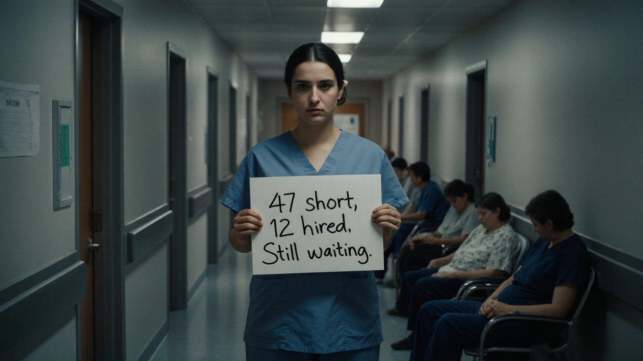 A nurse stands in a hospital hallway with a handwritten sign about staffing shortages, surrounded by weary patients.