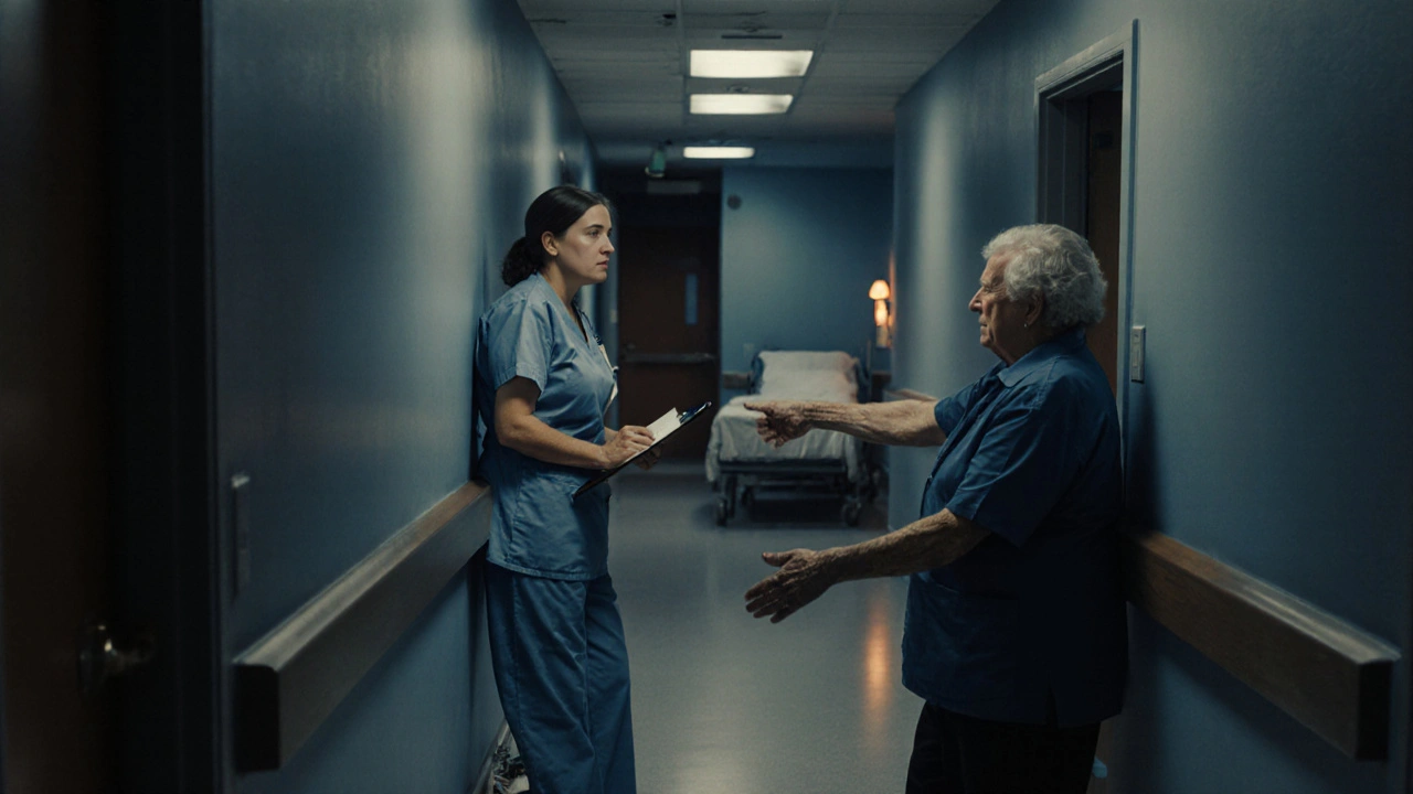 A nursing assistant rests in a nursing home hallway as a dementia patient reaches out for comfort.