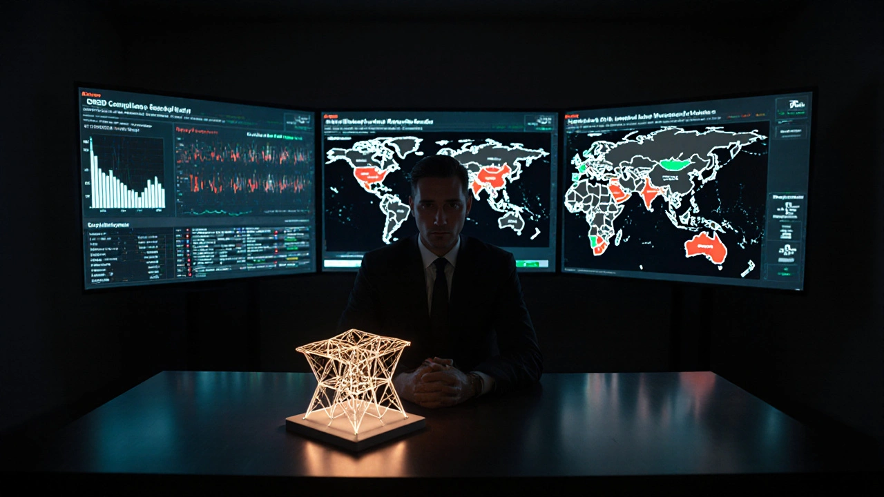 A portfolio manager surrounded by three digital dashboards showing EU, U.S., and China ESG data amid active global conflict maps.