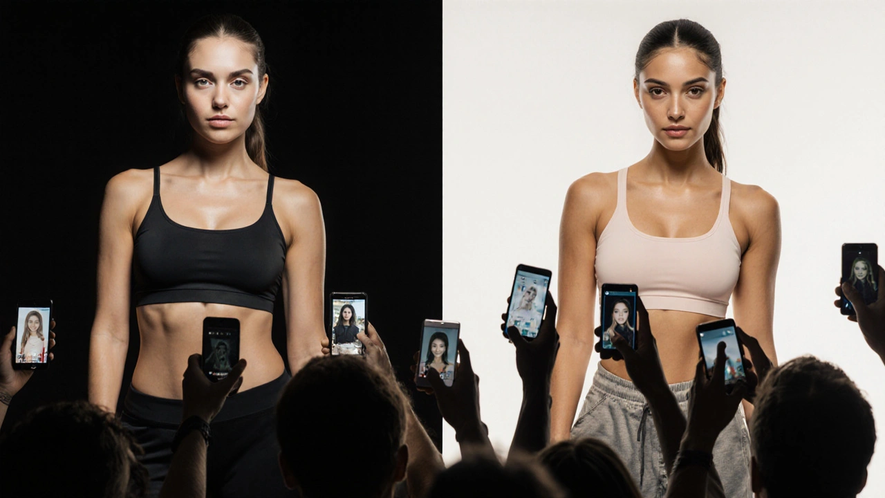 A split-screen showing an edited fitness photo next to the original, with people taking screenshots in disbelief.