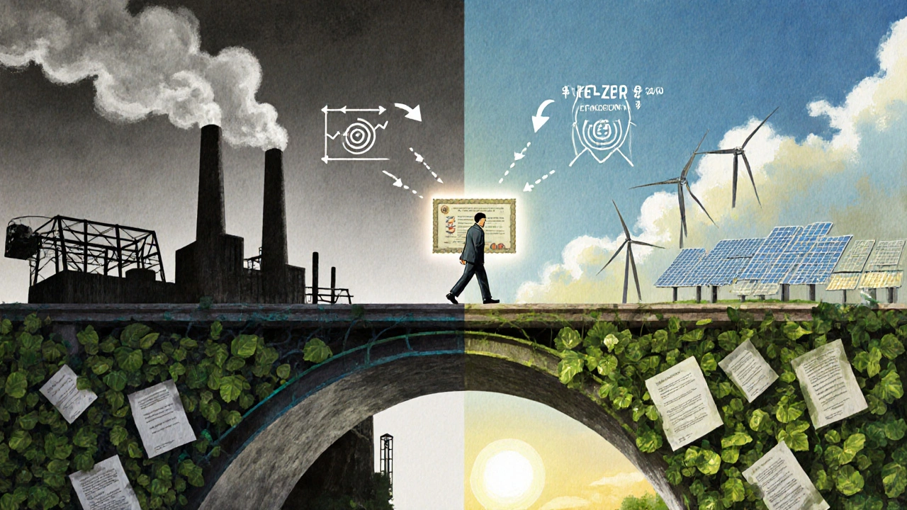 A symbolic bridge connects a polluting factory to a clean energy farm, with a person carrying a sustainability-linked bond across it.