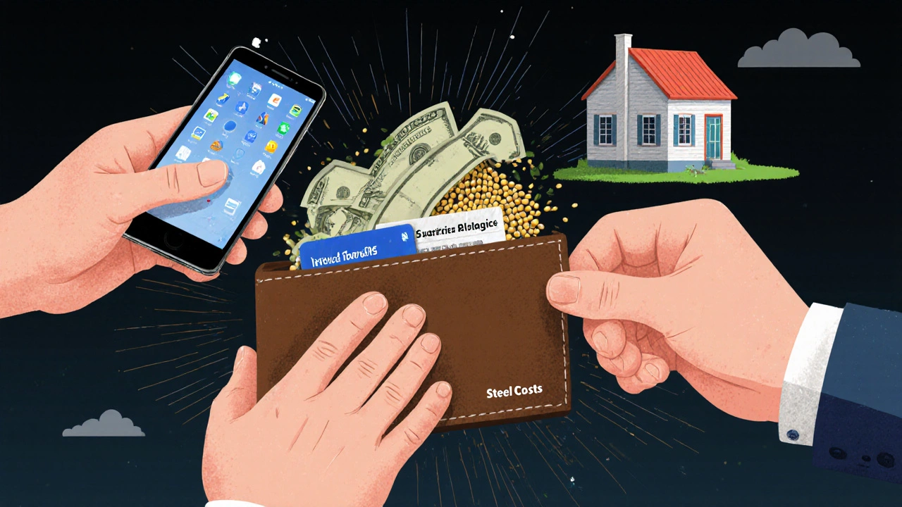 A wallet being crushed by symbolic hands representing tariffs on electronics, food, and industrial materials.