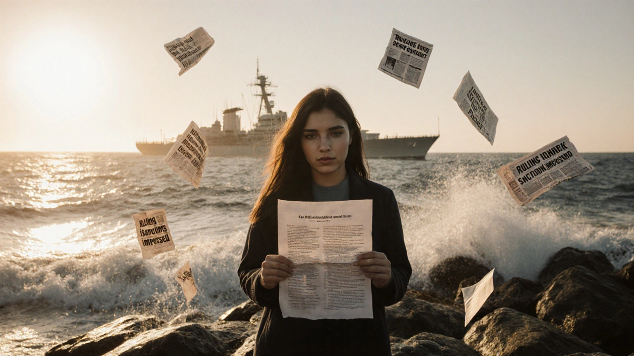 A woman on a shore holding an ICJ ruling as a warship looms in the distance, papers with headlines blowing in the wind under golden hour light.