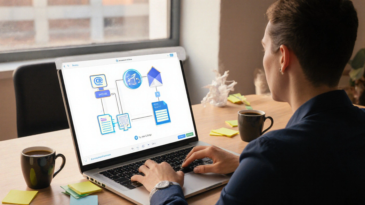 A worker using a no-code AI tool to automate workflows on a laptop in a cozy workspace.