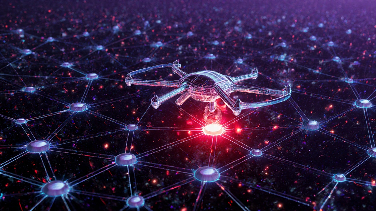 An abstract digital network with an AI agent isolating a hidden threat amid flowing data streams.