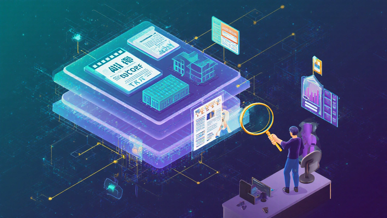 An analyst reviewing an AI-flagged case with data streams visualized in glowing layers above.