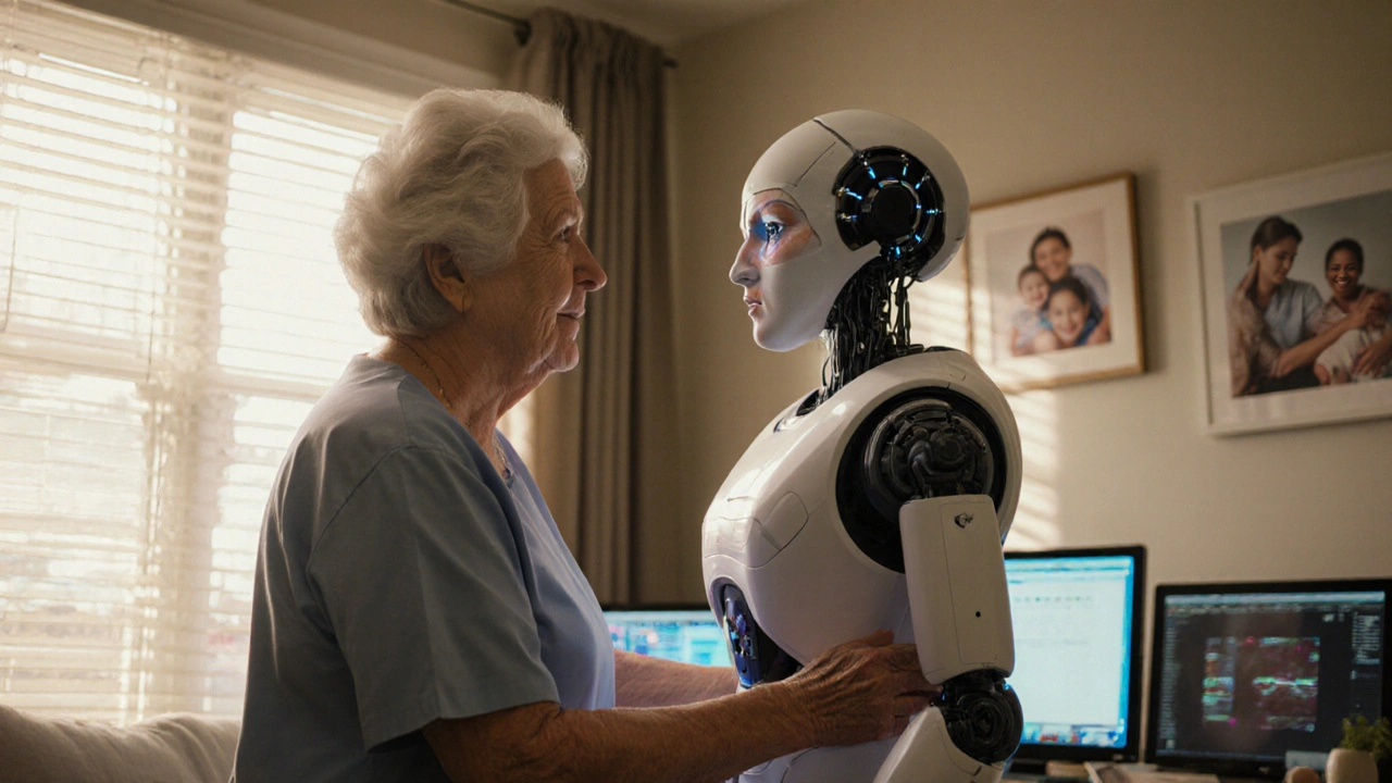 An elderly woman interacting with a robot nurse in a softly lit home, symbolizing aging and technology.