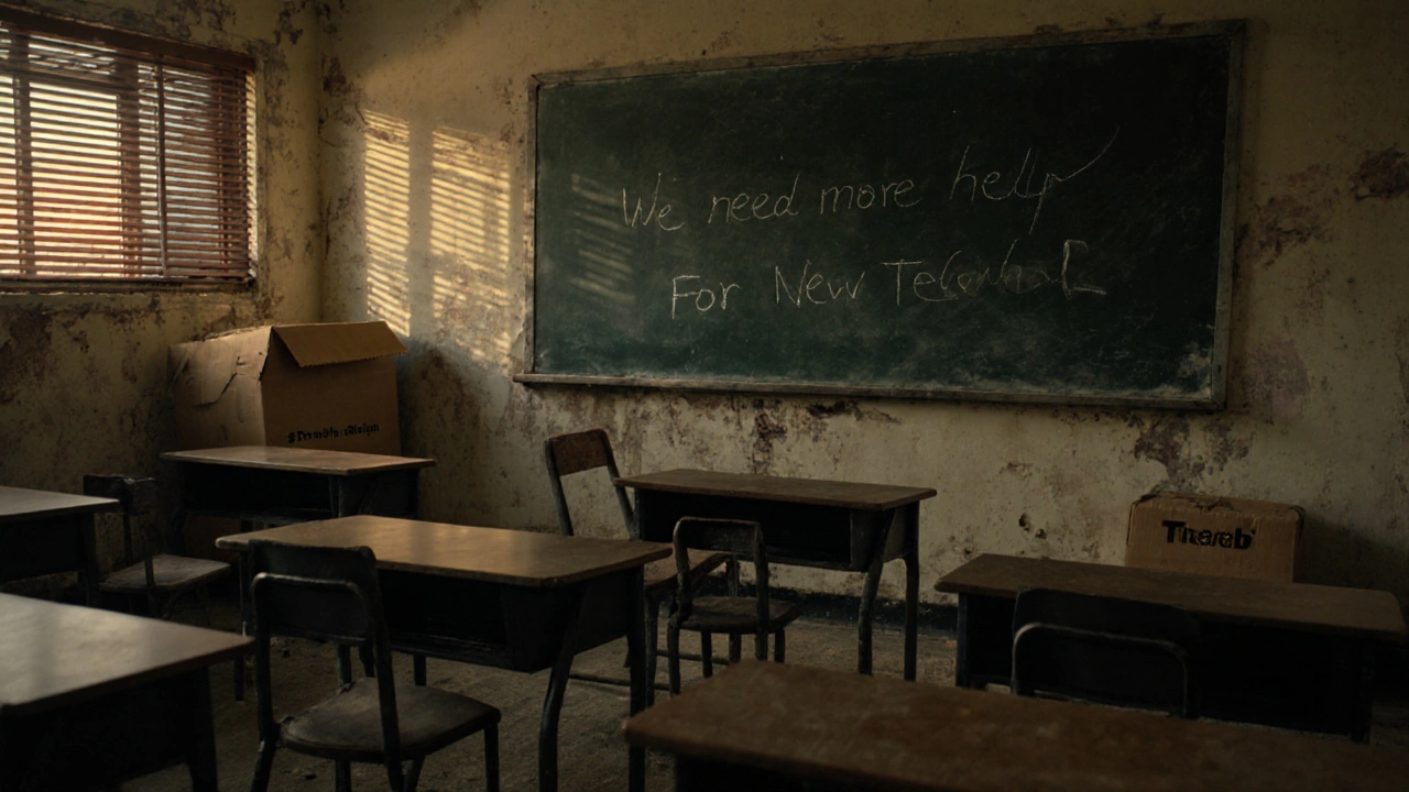 An empty classroom at dusk with a box labeled &#039;For New Teacher,&#039; symbolizing staffing shortages.